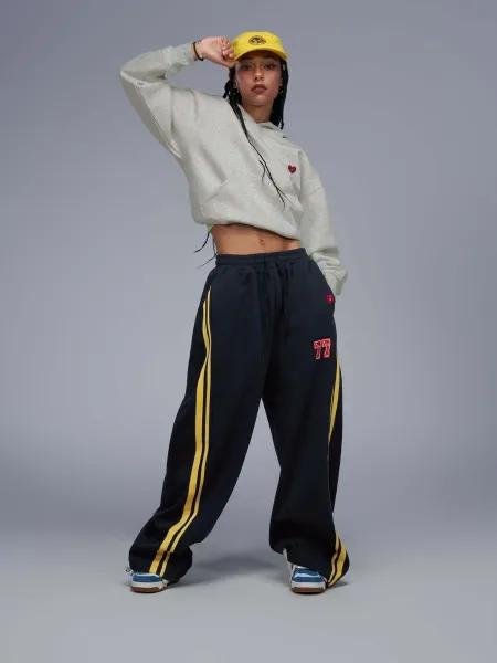 Design Wide-Leg Track Pants with Yellow Stripes and '77' Embroidery Navy Sweatpants - 8
