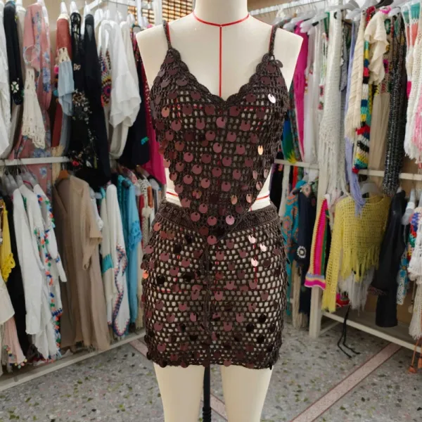Design Crochet Sequin Two-Piece Set Brown - 1