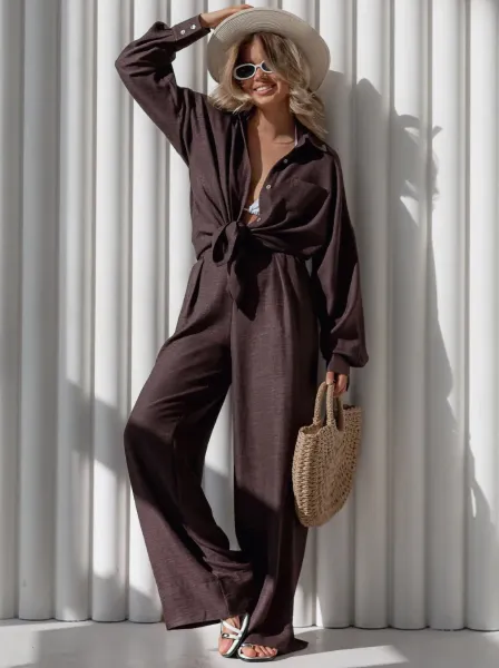 Design Wide-Leg Linen Blend Pant Set in Taupe with Woven Tote Bag - 22