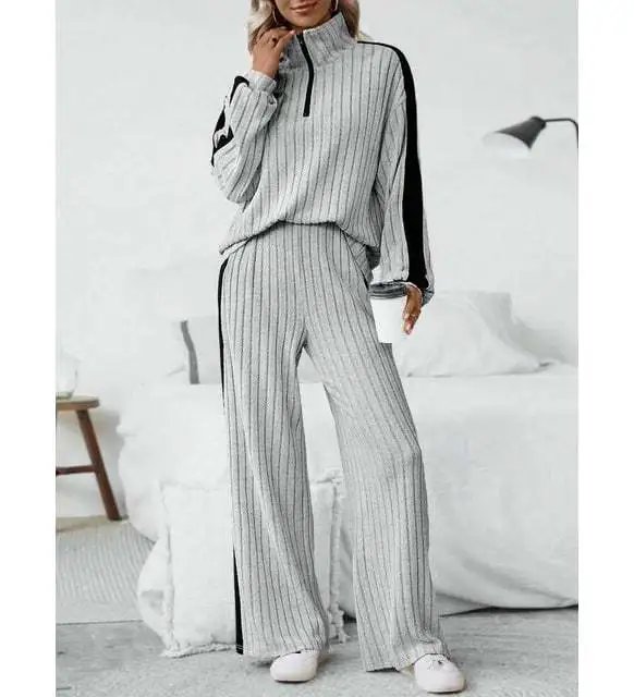 Design Ribbed Knit Track Set Gray with Black Stripe Pants and Top - 8