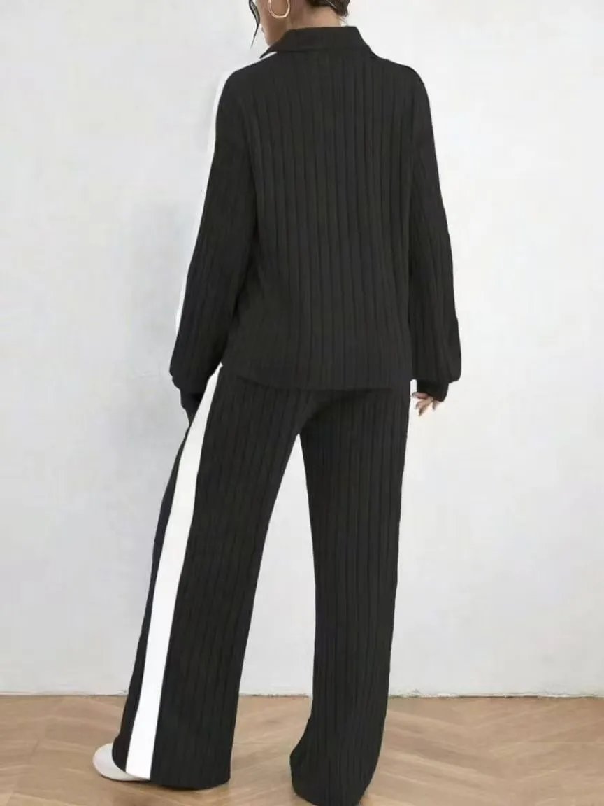 Design Ribbed Knit Track Set Gray with Black Stripe Pants and Top - 15