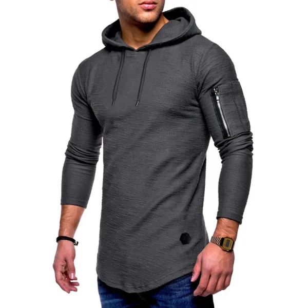 Design Longline Hoodie with Zippered Sleeve Pocket Gray - 1
