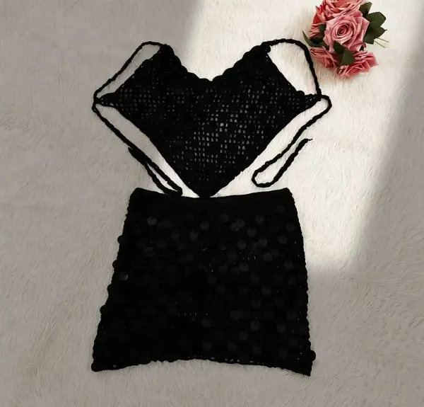 Design Crochet Mesh Top and Sequin Mini Skirt Set Black - 3