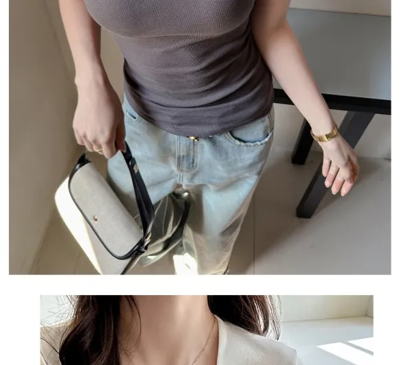 Design V-Neck Ribbed T-Shirt Beige T-Shirt - 18