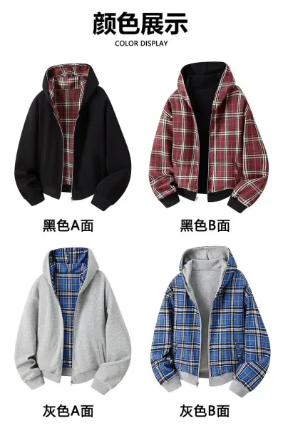 Design Zip-Up Hooded Jacket Black with Plaid Lining Outerwear - 12