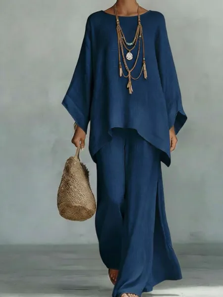 Design Loose Fit Linen Set Navy Blue Two-Piece Outfit - 1