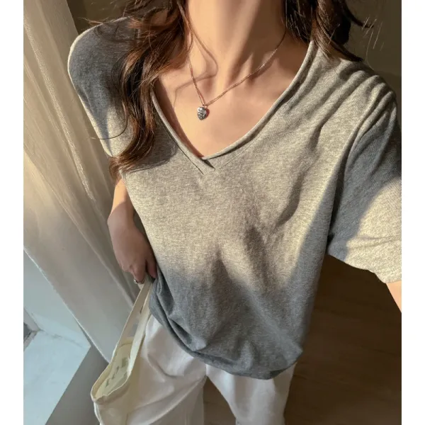 Design V-Neck Slub Cotton T-Shirt Gray - 1