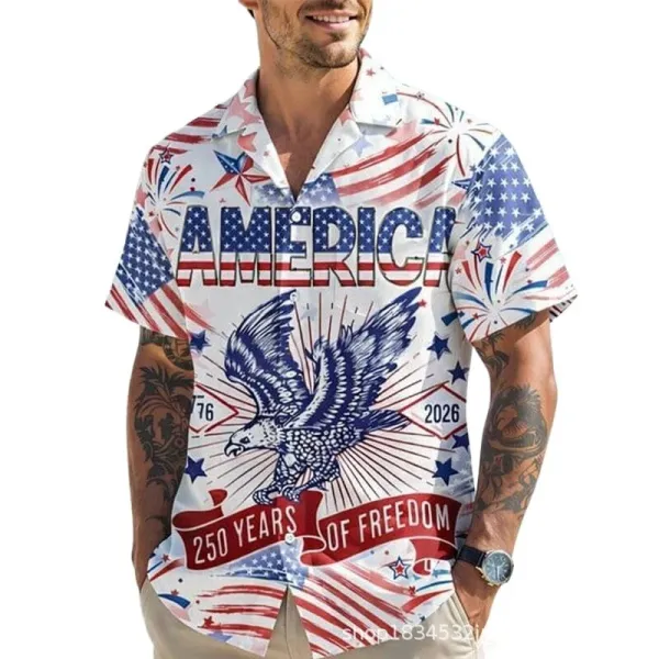 Design Patriotic Print Short-Sleeve Button-Up Shirt Navy Shirt - 7