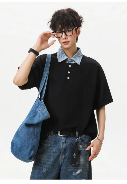 Design Layered Collar Polo Navy Blue Tops Polo - 24