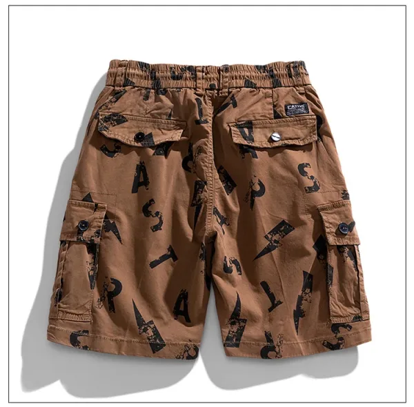 Design Cargo Shorts with Abstract Black Print Beige Shorts - 9