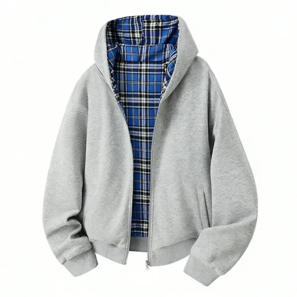 Design Zip-Up Hoodie with Plaid Lining Gray - 1