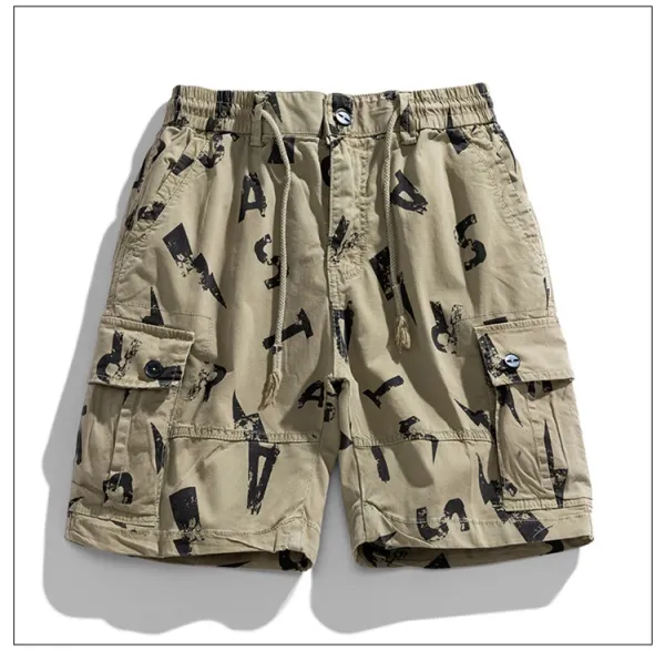 Design Cargo Shorts with Abstract Black Print Beige Shorts - 10