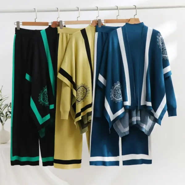 Design Kimono-Style Cardigan and Pants Set Brown with White Stripe - 5