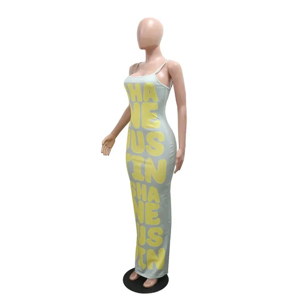 Design Graphic Print Beige Maxi Dress with 'SHANE JUSTIN' Typography - 42