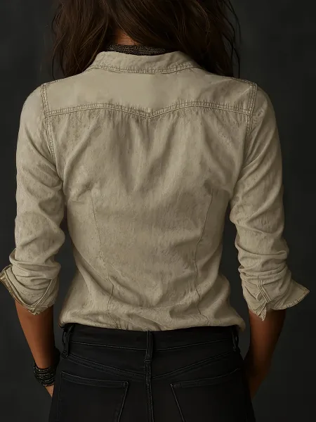 Design Distressed Button-Up Shirt in Stone Washed Beige with Black Leather Pants - 6