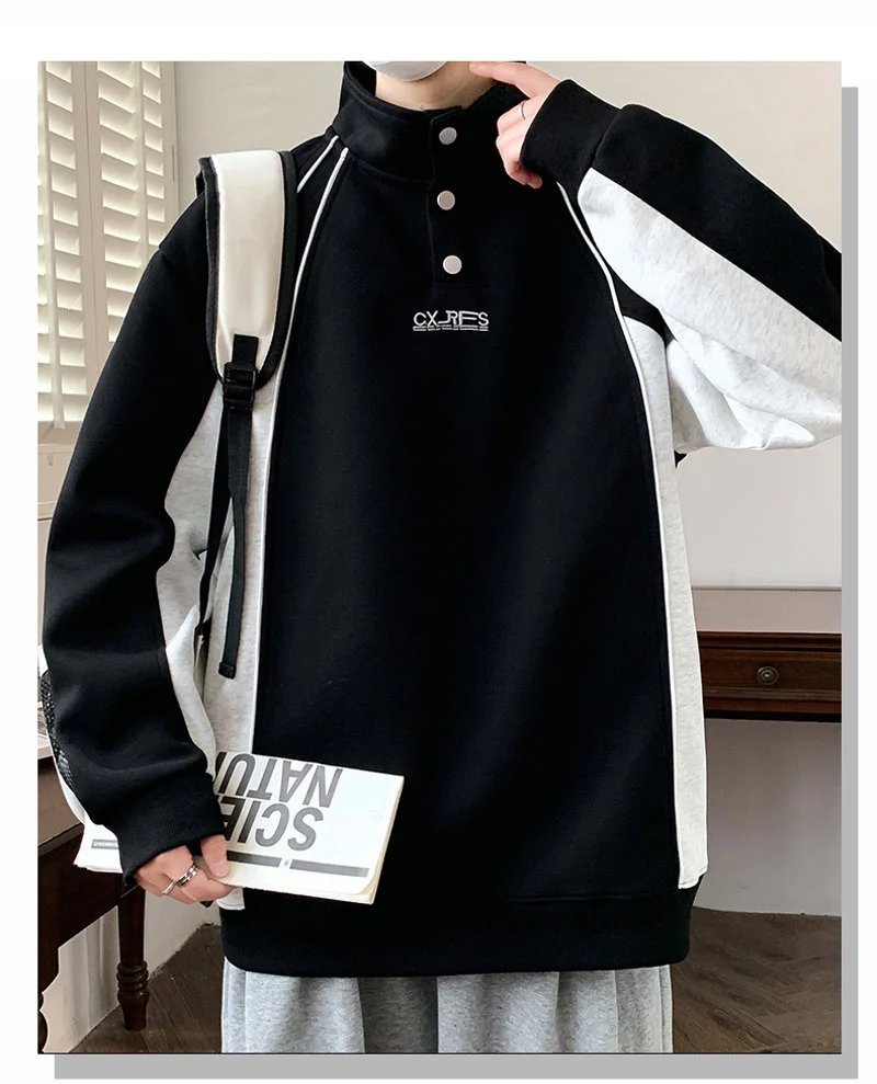 Design Color-Block Half-Zip Pullover Navy and Gray Hoodie - 13