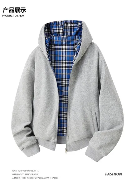 Design Zip-Up Hooded Jacket Black with Plaid Lining Outerwear - 13