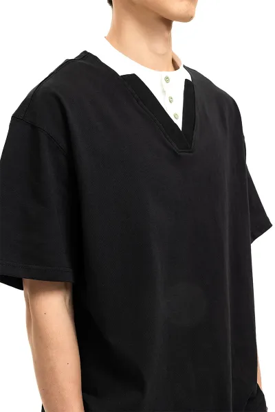 Design Layered Collar V-Neck T-Shirt Black - 9