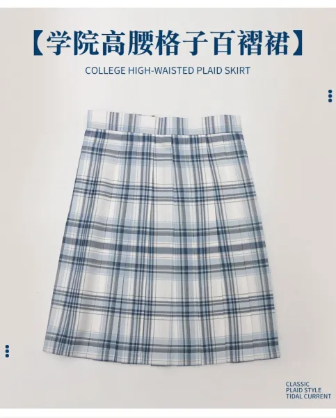 Design Qidian Dress White Short-Sleeve Shirt and Blue-White Plaid Pleated Skirt Set Sets - 4