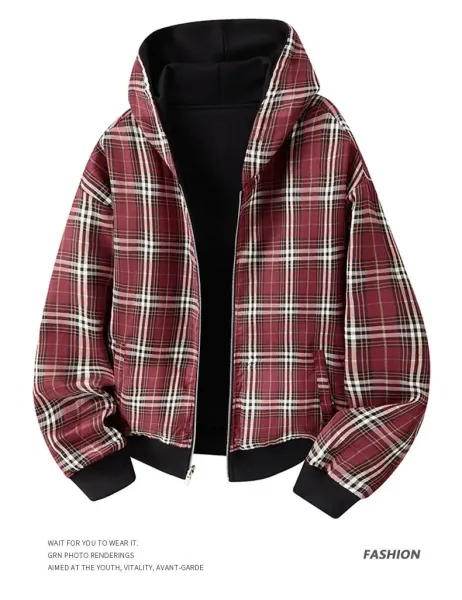 Design Zip-Up Hooded Jacket Black with Plaid Lining Outerwear - 17