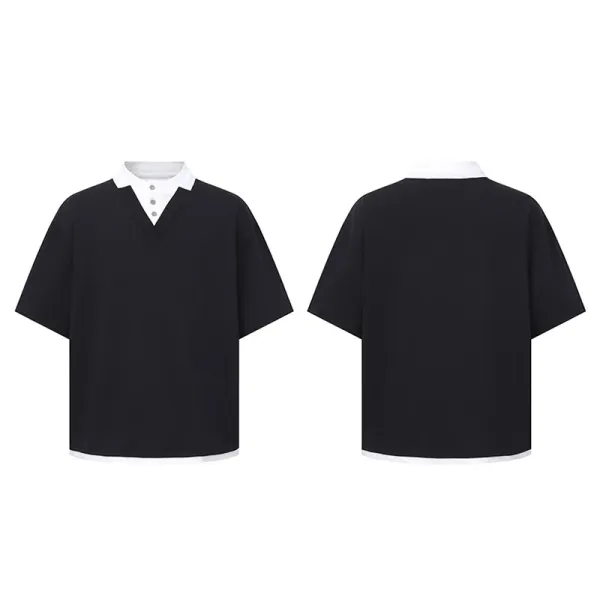 Design Layered Collar V-Neck T-Shirt Black - 15