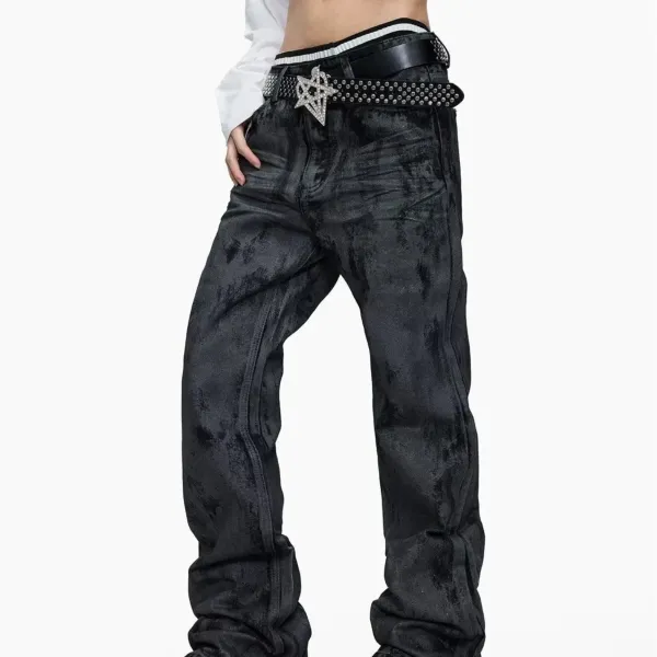 Design Acid Wash Black Wide-Leg Jeans with Studded Pentagram Belt - 1