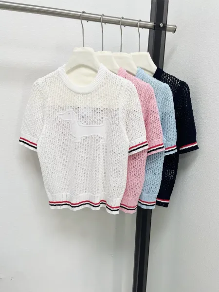 Design Open-Knit Short-Sleeve Sweater Navy with Red-White Trim - 6
