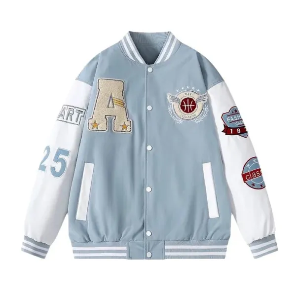 Design Letter A Patch Varsity Jacket Light Blue and White Outerwear Jacket - 1