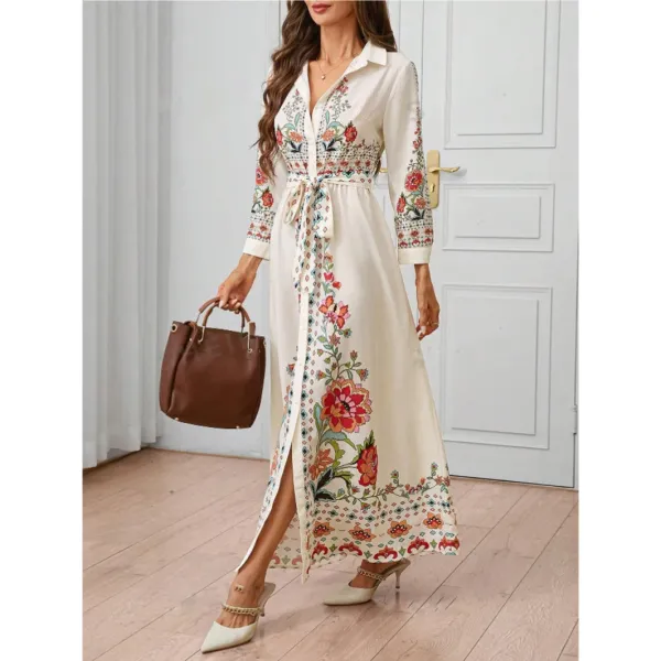 Design Floral Embroidered Belted Shirt Dress Beige - 3