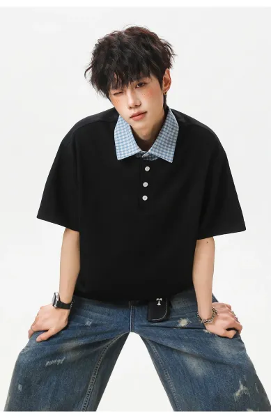 Design Layered Collar Polo Navy Blue Tops Polo - 27