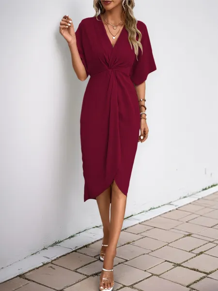 Design Wrap Front V-Neck Midi Dress Burgundy - 17