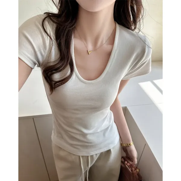 Design V-Neck Ribbed T-Shirt Beige T-Shirt - 1