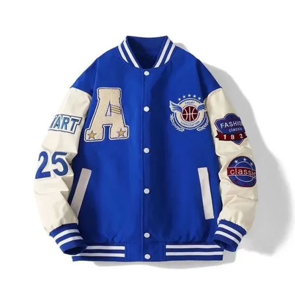 Design Varsity Jacket Navy and Cream Embroidered Letter A Basketball Patch Jacket Outerwear Jacket - 15