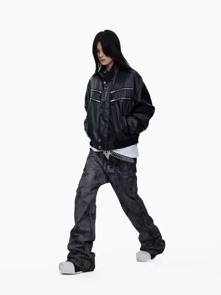 Design Acid Wash Black Wide-Leg Jeans with Studded Pentagram Belt - 6