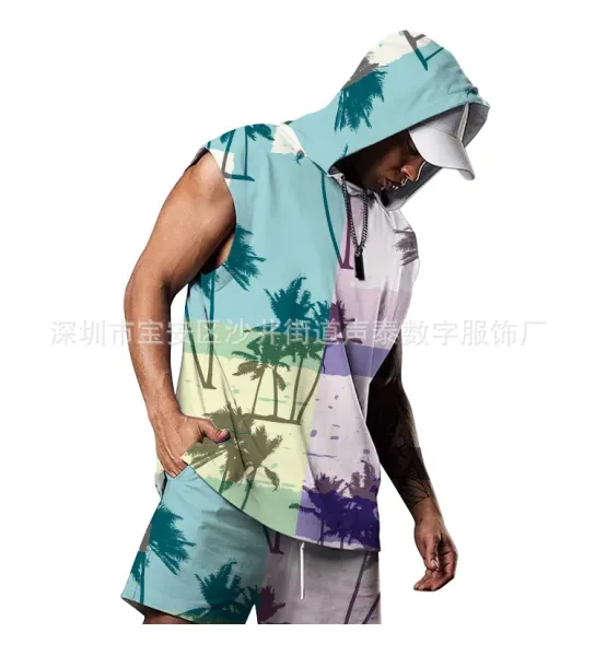 Design Tropical Print Sleeveless Hoodie Multicolor - 1