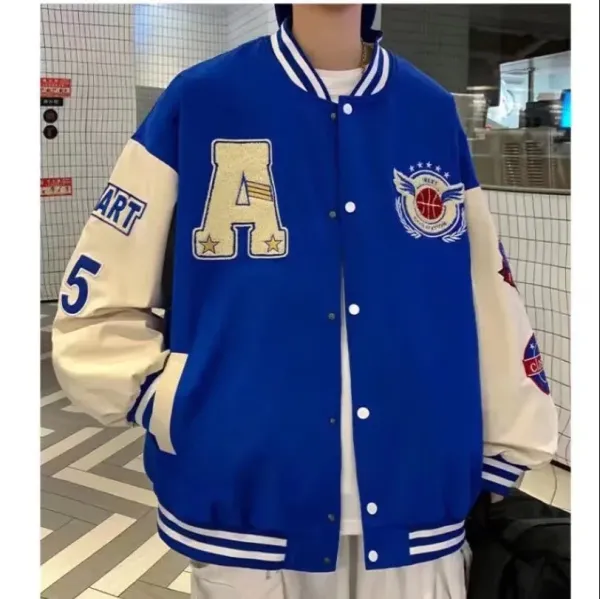 Design Varsity Jacket Navy and Cream Embroidered Letter A Basketball Patch Jacket Outerwear Jacket - 23