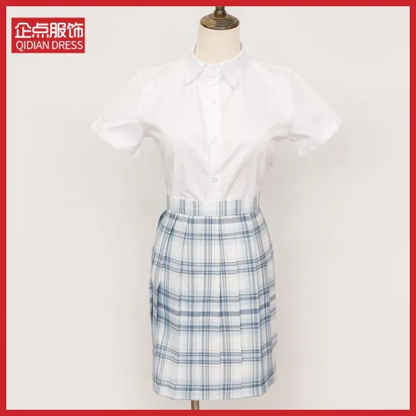 Design Qidian Dress White Short-Sleeve Shirt and Blue-White Plaid Pleated Skirt Set Sets - 1