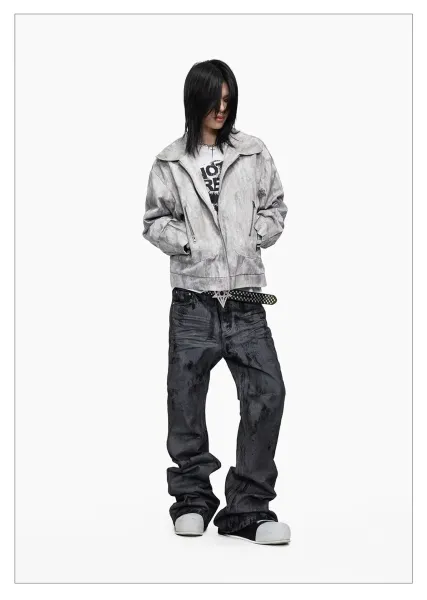 Design Acid Wash Black Wide-Leg Jeans with Studded Pentagram Belt - 11