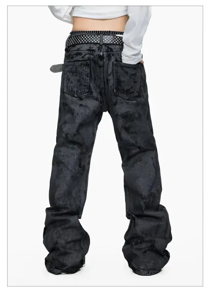 Design Acid Wash Black Wide-Leg Jeans with Studded Pentagram Belt - 15