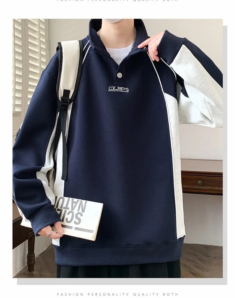 Design Color-Block Half-Zip Pullover Navy and Gray Hoodie - 16