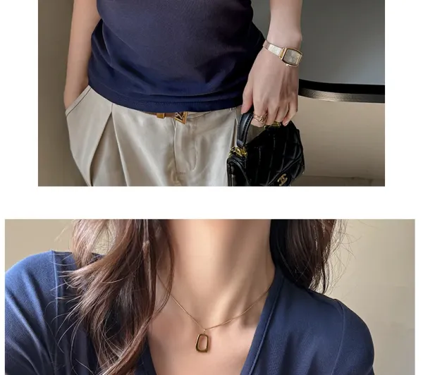 Design V-Neck Ribbed T-Shirt Beige T-Shirt - 25