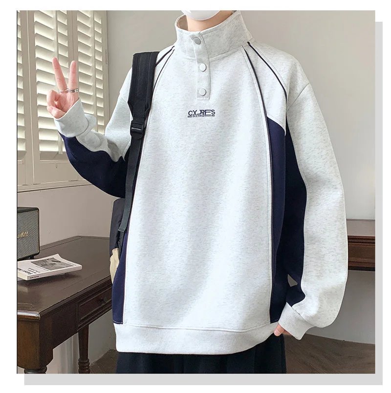 Design Color-Block Half-Zip Pullover Navy and Gray Hoodie - 18