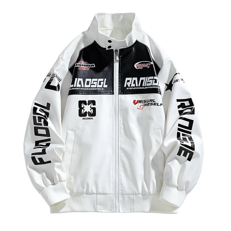 Design Racing-Inspired Graphic Bomber Jacket White / Black Outerwear Jacket - 1