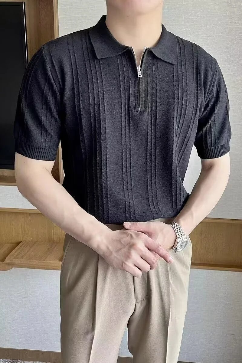 Design Ribbed Zip-Neck Polo Shirt Black Tops Polo - 4