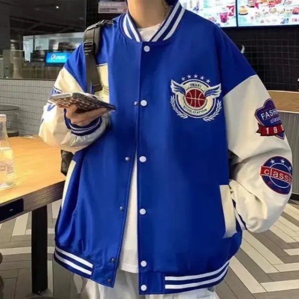 Design Varsity Jacket Navy and Cream Embroidered Letter A Basketball Patch Jacket Outerwear Jacket - 17