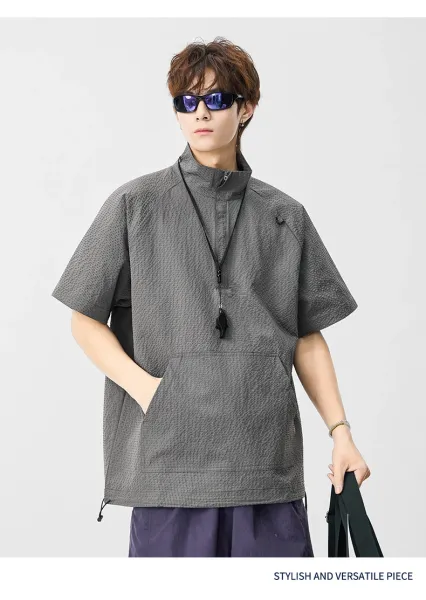 Design Waffle-Textured Half-Zip Poncho Top Brown - 9
