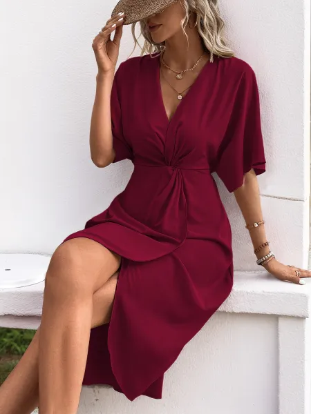 Design Wrap Front V-Neck Midi Dress Burgundy - 21