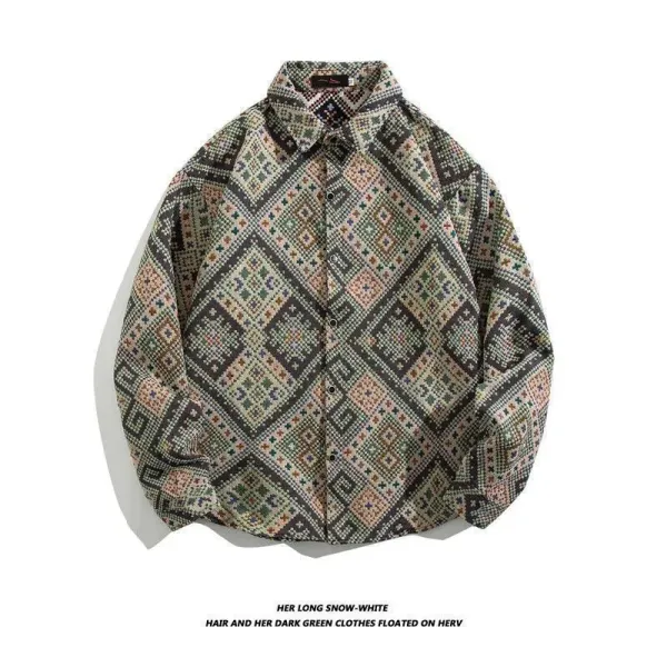 Design Aztec Print Long-Sleeve Button-Up Shirt Black White Tops Shirt - 16