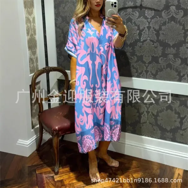 Design Printed V-Neck Midi Dress Blue Pink Multicolor - 1