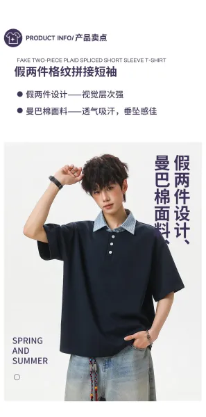 Design Layered Collar Polo Navy Blue Tops Polo - 5